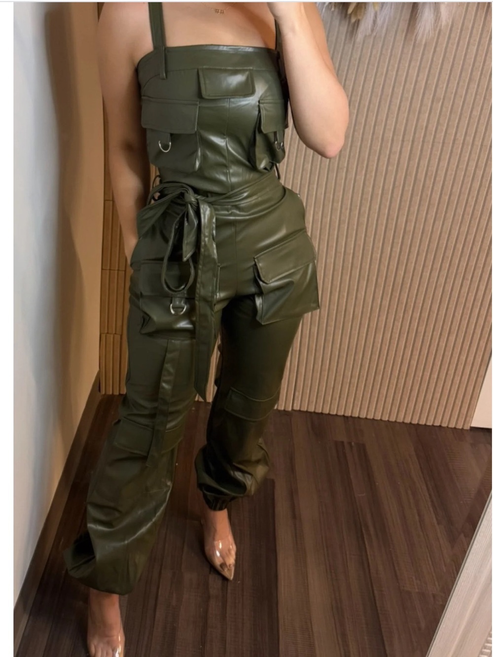 Olive Green Faux Leather Utility Jumpsuit